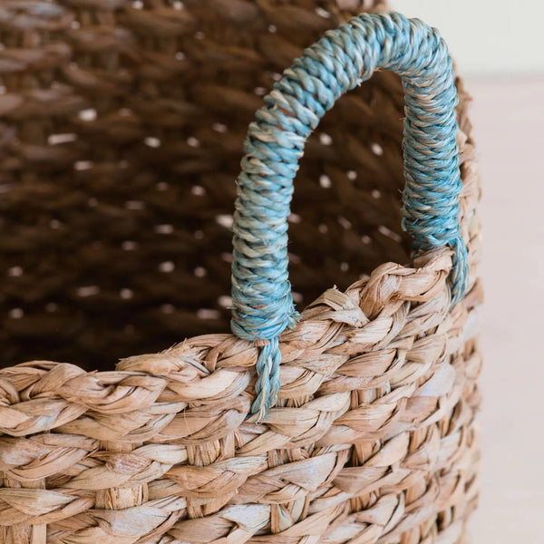 Seagrass Woven Basket With Sky Blue Handles