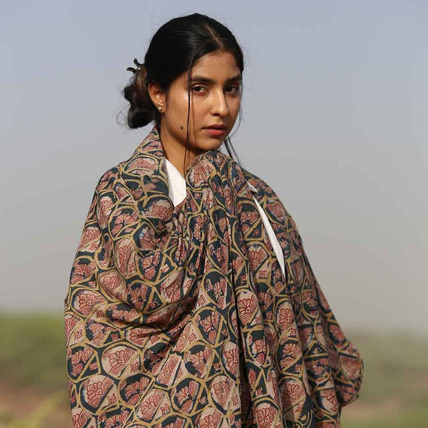 Cotton And Silk Hand Block Printed Scarf Ocean Ichcha   