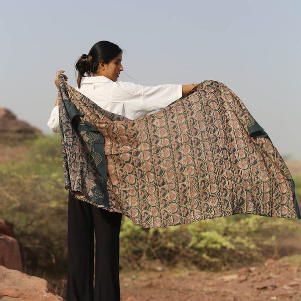 Cotton And Silk Hand Block Printed Scarf Ocean Ichcha   