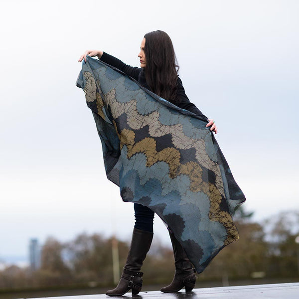 Cotton And Silk Hand Block Printed Scarf Ocean Ichcha