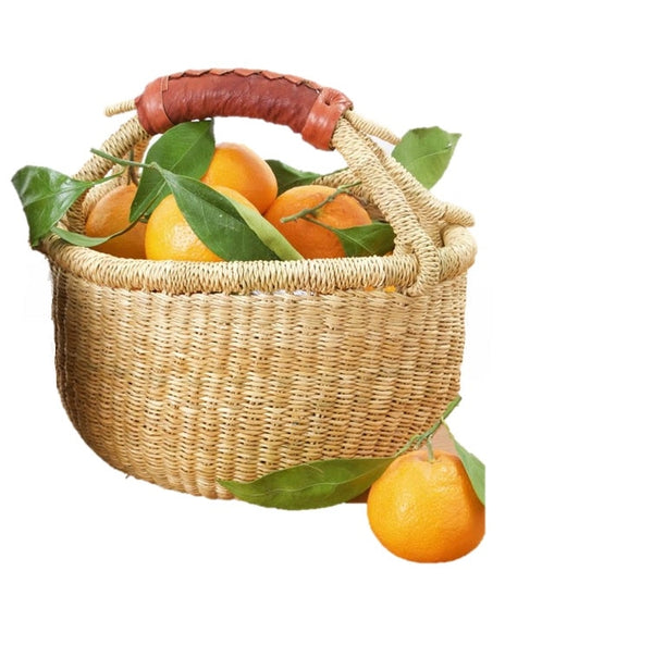 Natural Round Mini Basket with Leather Handle