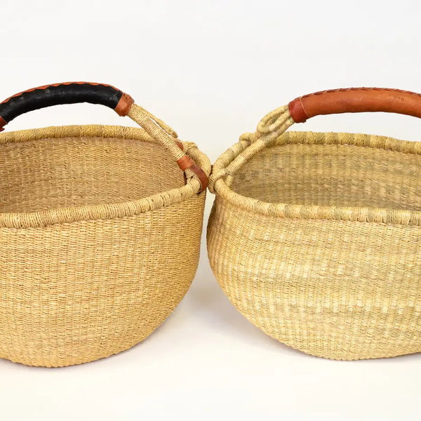 Natural Color Round Market Basket with Leather Handles