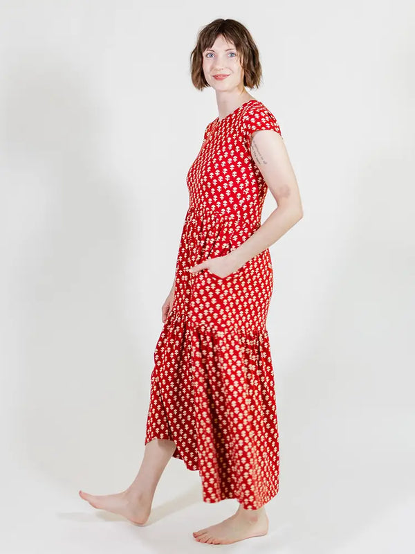 Tiered Jersey Dress - Micro Floral Red