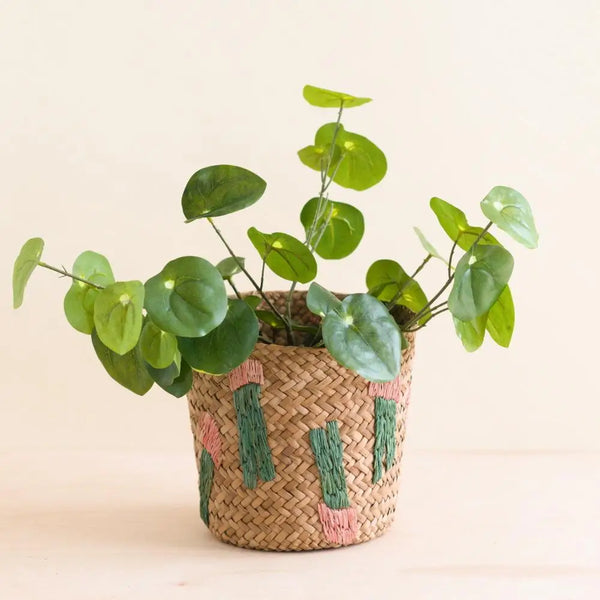 Embroidered Seagrass Plant Basket