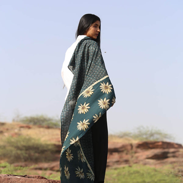 Cotton And Silk Hand Block Printed Scarf Ocean Ichcha   
