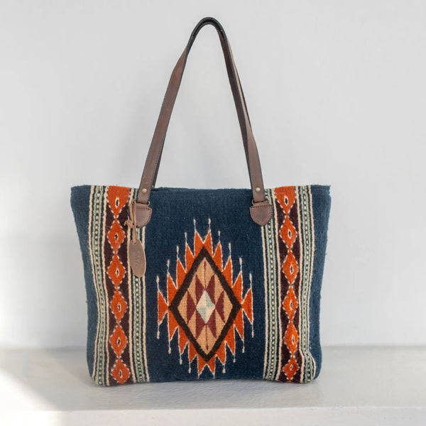 Artisan Made Two Handle Wool Tote  MZ Tribal Diamond Blue  