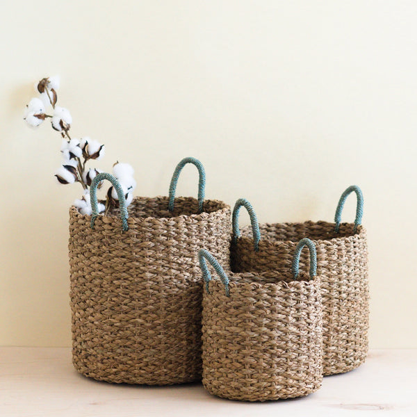 Seagrass Woven Basket With Sky Blue Handles