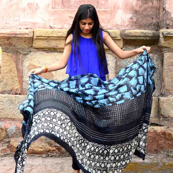 Cotton And Silk Hand Block Printed Scarf Ocean Ichcha   