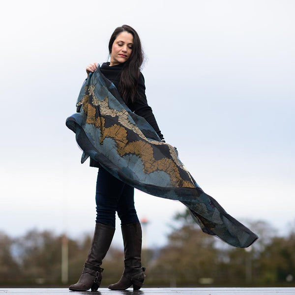 Cotton And Silk Hand Block Printed Scarf Ocean Ichcha   