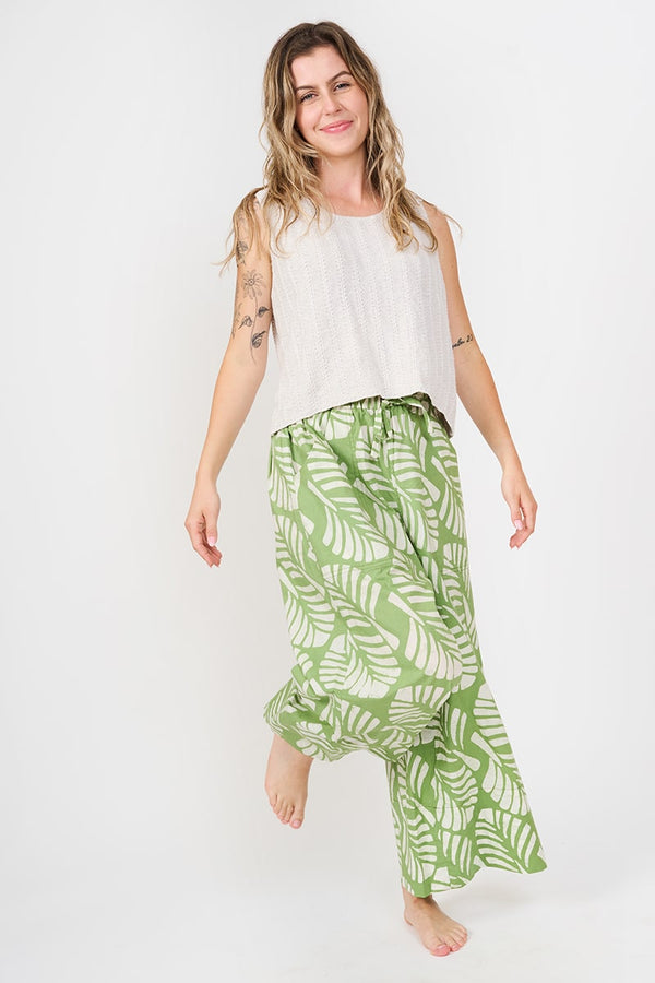 Trousers - Deco Leaf Olive Global Mamas