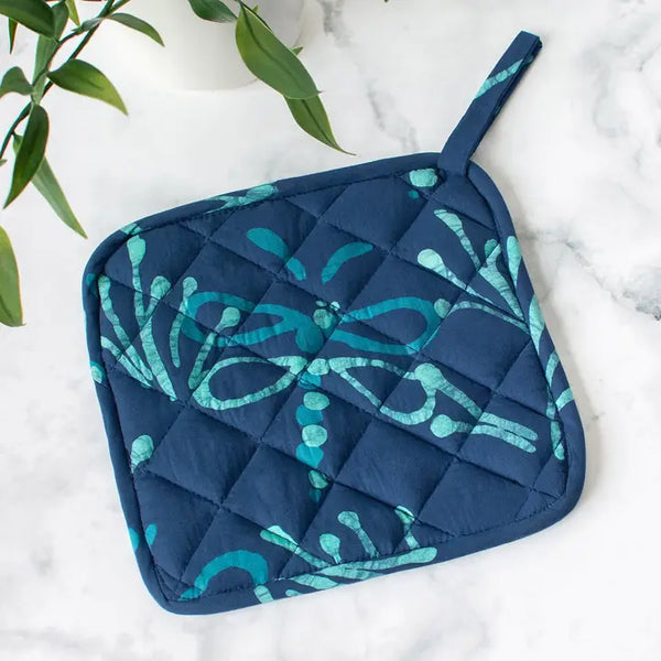 Organic Batik Pot Holder Saraha Mustard Global Mamas Dragonfly Navy