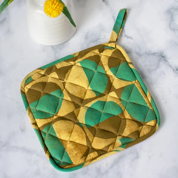 Organic Batik Pot Holder Saraha Mustard Global Mamas Mod Circles Brown