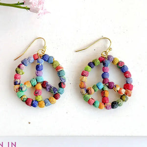 Kantha Peace Sign Earrings WorldFinds