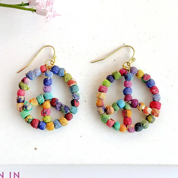Kantha Peace Sign Earrings