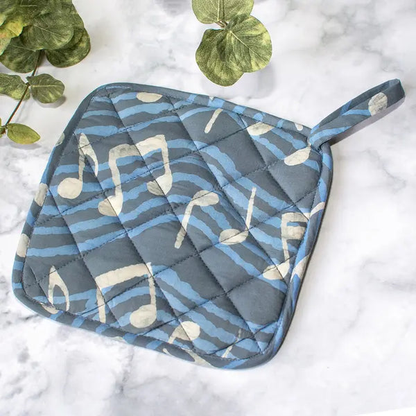 Organic Batik Pot Holder Saraha Mustard Global Mamas Music Notes Charcoal