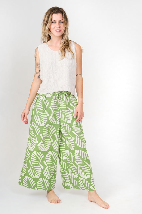 Trousers - Deco Leaf Olive Global Mamas